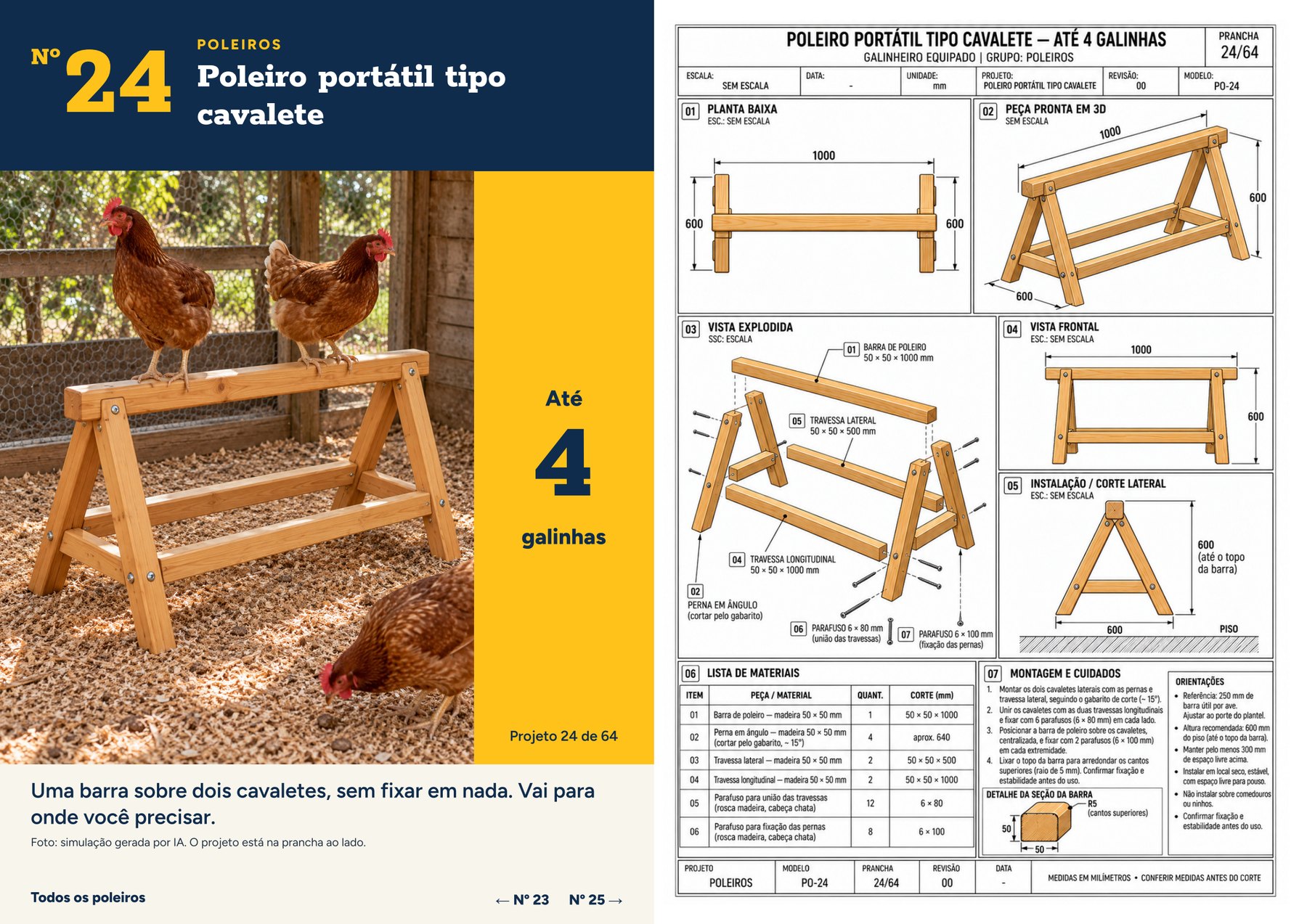 Página do material com o projeto 24, poleiro portátil em cavalete