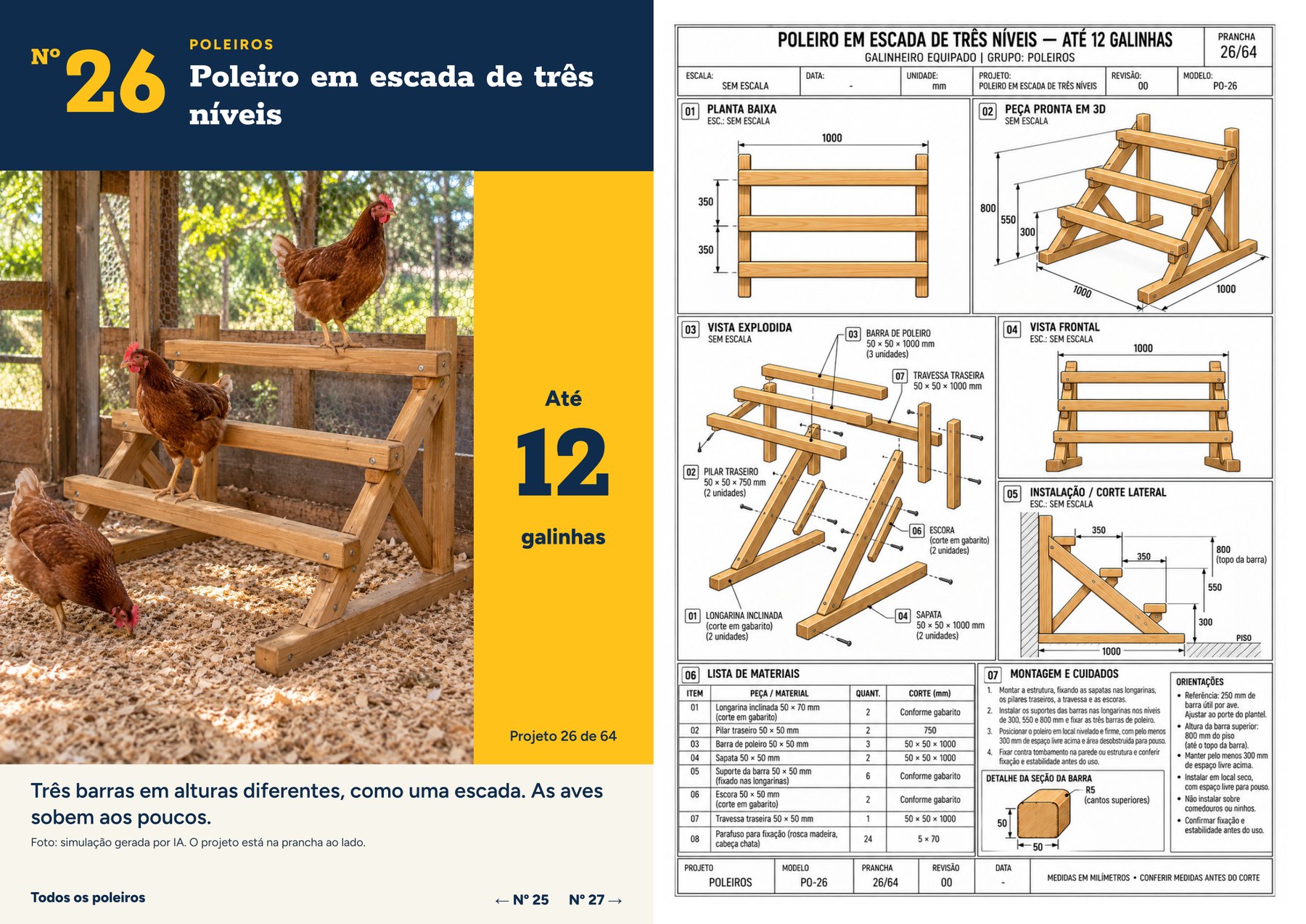 Página do material com o projeto 26, poleiro em escada de três níveis