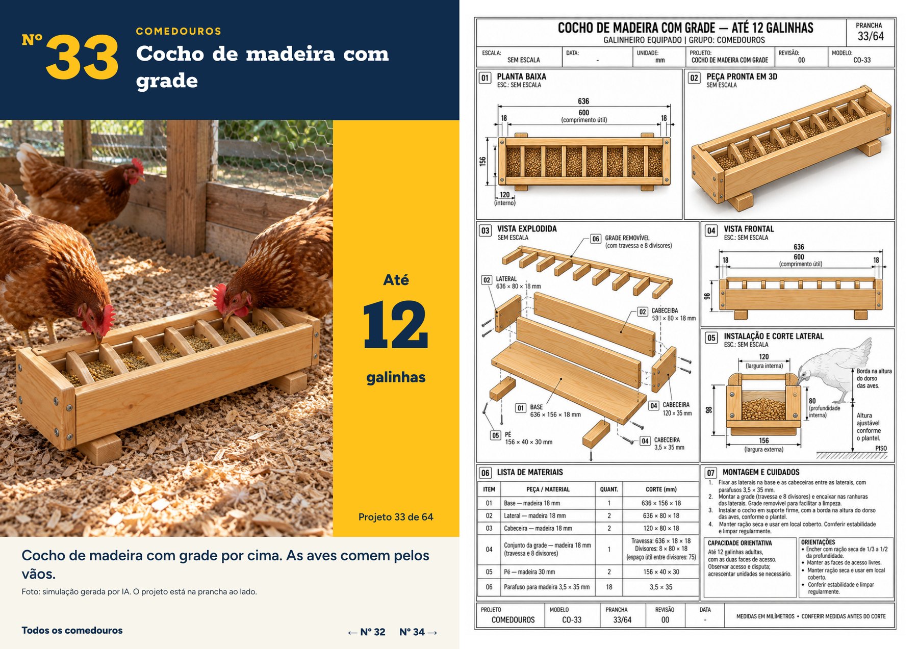 Página do material com o projeto 33, cocho de madeira com grade