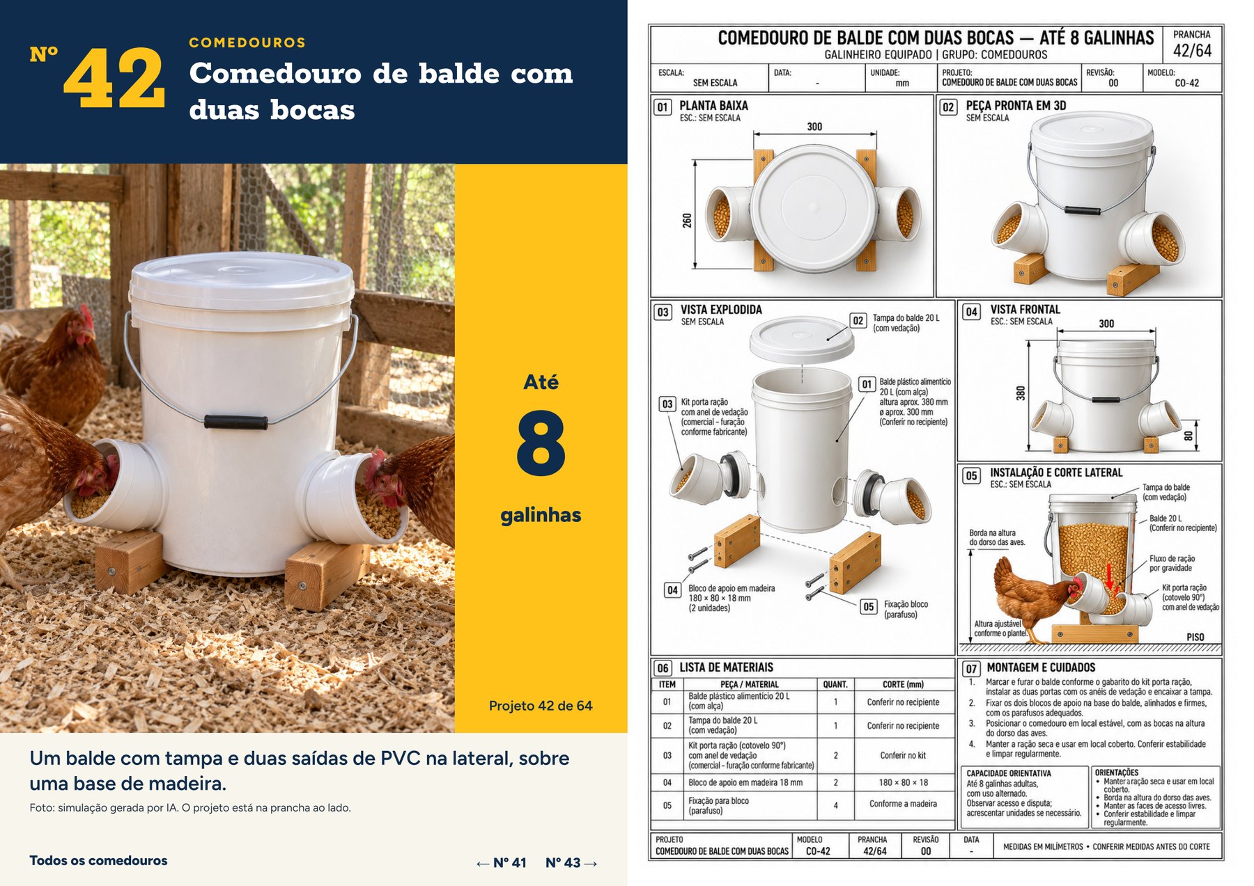 Página do material com o projeto 42, comedouro de balde com duas bocas