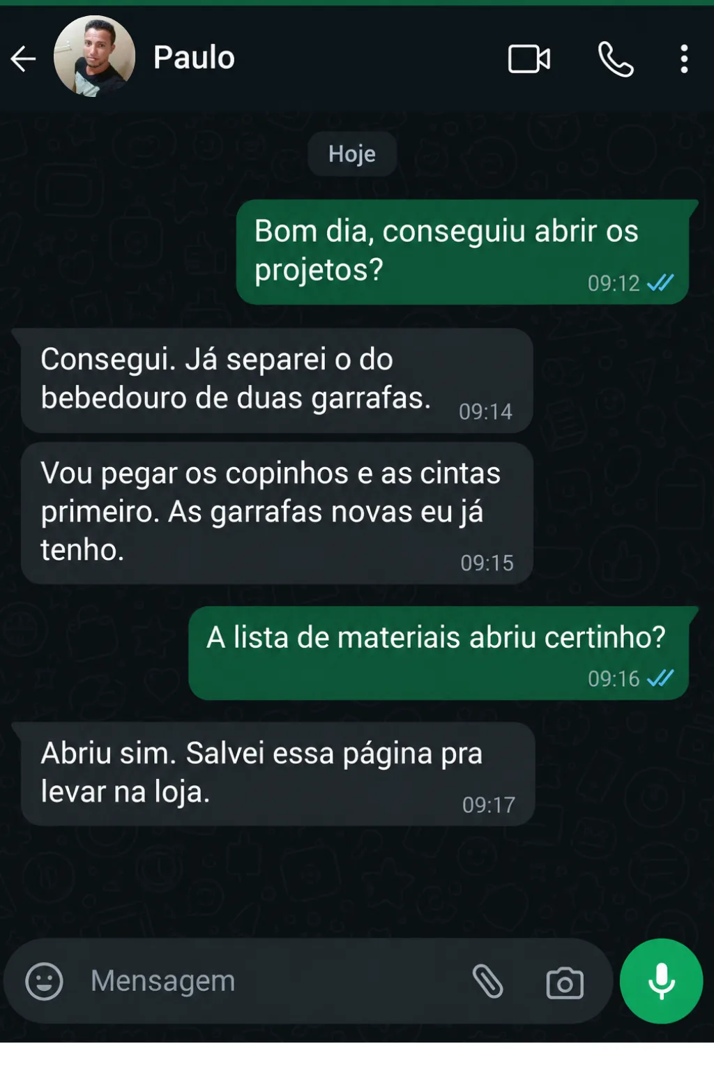 Print de conversa: Roberto imprimiu só a folha do ninho, levou na madeireira e pediu o orçamento com a espessura e a quantidade de cada pedaço na mesma folha