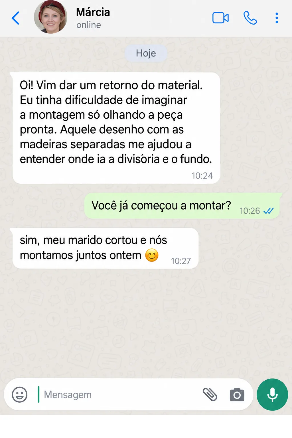 Print de conversa: Lúcia abriu o projeto no celular, ampliou a lista, leu direitinho e vai imprimir só a folha do ninho