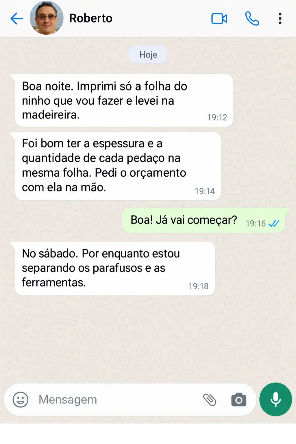 Print de conversa: Ana escolheu o ninho de pegar os ovos por fora, mostrou o desenho em casa e vai conferir o espaço antes de comprar a madeira