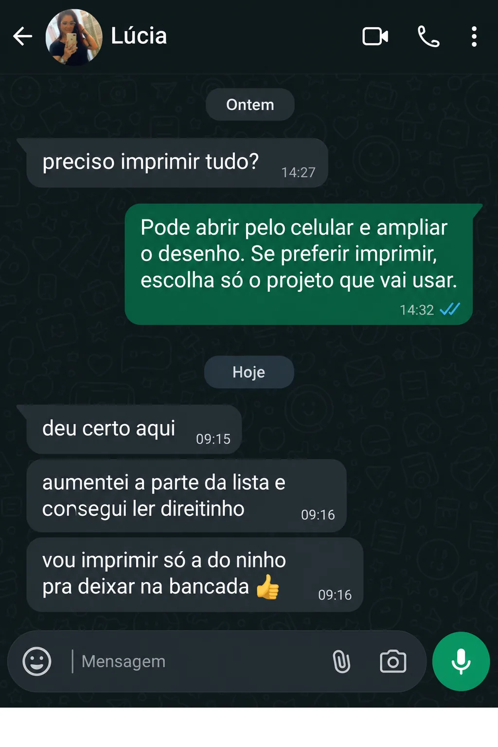 Print de conversa: João gostou do material separado por peça, foi direto nos poleiros e está comparando o de parede com o portátil
